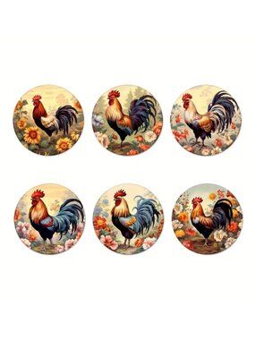 6pc Wood Coaster Set, Vibrant Rooster Illustrations with Floral Accented Design